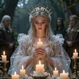 epic ultra detailed realistic portrait of beautiful queen made of candles and translucent fabric. in the garden. dark souls concept art. magic, sharp foccus. intricate, elegant. basil gogos. wlop. artgerm. greg rutkowski. andrei riabovitchev. medieval background my james jeand. tom bagshaw