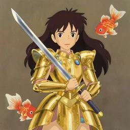 young goddess, in goldfish armor, wielding a fish sword, symmetrical, painting in the style of studio ghibli