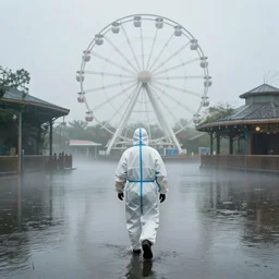 person wearing hazmat suit walking through a flooded theme park, ferris wheel in the distance, foggy, overcast, matte painting