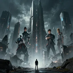 A small person standing in the foreground of a massive sci-fi city by Greg Rutkowski, beeple, Sung Choi, Mitchell Mohrhauser, Maciej Kuciara, Johnson Ting, Maxim Verehin, Peter Konig, final fantasy, macro lens, 35mm, 8k photorealistic, cinematic lighting, HD, high details, dramatic, dark atmosphere, trending on artstation