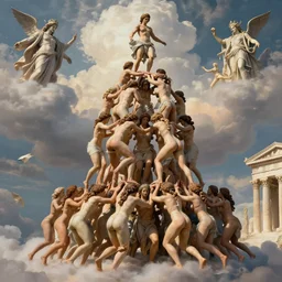 is greek mythological image, hundreds of undressed women climbing on each other till heaven, clouds and greek gods, incredible catalan human tower highly detailed, digital painting, matte, like a incredible giant sculpture at the classic greece, no clothes, greek mythological historic works, hyper - detailed, world renowned artists, historic artworks society, antique renewal, intricate, sharp focus, art by leonardo da vinci cinematic, octane render - h 1 2 8 0