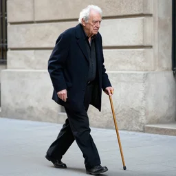 tom morello as a very old man walking using a cane