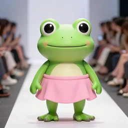 fashion show event where a super cute smiling green tree frog is dressed in a pink skirt,, photo realistic, matte image