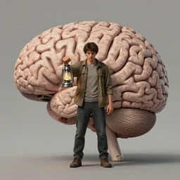 A man lost Inside of a brain holding lantern, no map, no compass, no directions, realistic artwork, trending on artstation, very coherent symmetrical