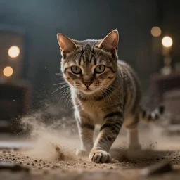 alien cat, slowly dissolving into dust, dramatic blurred background with lights, realistic,
