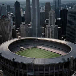 art deco sports stadium surrounded by skyscrapers and a vast metropolis, Stacked city, Chicago, Dark City, olympics event 1930's, moody lighting, cinematic, Road to Perdition stillframe