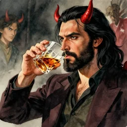 A handsome Frenchman with beard and long black hair toasting with the devil drinking whiskey, watercolor, dramatic lighting, cinematic, establishing shot, extremely high detail, foto realistic, cinematic lighting, digital art, vector, by Yoshitaka Amano, Ruan Jia, Kentaro Miura, Artgerm, post processed, concept art, artstation, matte painting, style by eddie mendoza, raphael lacoste, alex ross