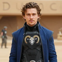 medium face shot of adult Austin Butler dressed in futuristic-baroque black-prussian blue garb with embroidered Rams head emblem, and nanocarbon-vest, in an arena in Dune 2021, XF IQ4, f/1.4, ISO 200, 1/160s, 8K, face in-frame