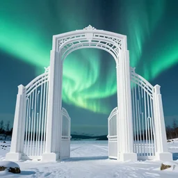 a very detailed concept art of intricate and minimalistic white gates to aurora borealis, trending on artstation, symmetry, digital art, 4 k, hyper realistic, octane render, sharp focus