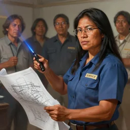 epic portrait of one slightly muscular indigenous visionary woman wearing short sleeved instructor uniform using laser - pointer on construction plan, blueprint, glasses, detailed, digital painting, artstation, concept art, donato giancola, joseph christian leyendecker, wlop, boris vallejo, breathtaking, 8 k resolution, extremely detailed beautiful, establishing shot, artistic hyperrealistic, beautiful face octane render