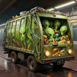 dieselpunk detail painting of subway garbage car full of aliens eating old food, deep displacement, back light, reflections, raytracing, raymarching, subsurface scattering, digital art, painted by bernie wrightson