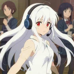 anime portrait of ( ( white long hair ) ) red eyed young cute girl wearing a headset, fine detailed features, dynamic pose, gapmoe, trending on pixiv fanbox, makoto shinkai takashi takeuchi studio ghibli, akihiko yoshida, 4 k
