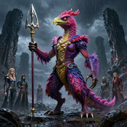 a reptile bird monster chimera hybrid with claws fangs bristles feathers tails wearing surreal clothes wielding excalibur, on a dark alien world with imposing stone ruins, during a hail storm, in the style of boris vellejo, julie bell, giger, gerald brom, leng jun, fantasy, dramatic studio lighting, science fiction, vibrant, octane render 8 k
