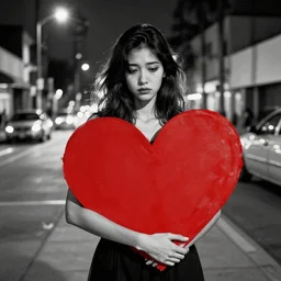 sad beautiful woman holding giant red heart on the streets of los angeles at night, black and white painting with spot color on the red heart