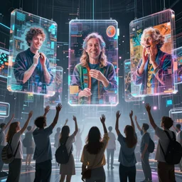 cinematic shot cyberspace people of creativity, very large floating translucent images, hyper realistic, mood lighting, fantasy, detailed happy people creating diverse art, hands in the air, big video statues, highly detailed, super realistic, perfect lighting pixel sorting, style sheet