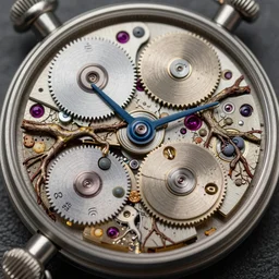 detailed view from inside a clockwork watch, entangled roots, cracked earth, living microorganisms, decaying, hyper realistic photo, full colour, upscale, 8 k