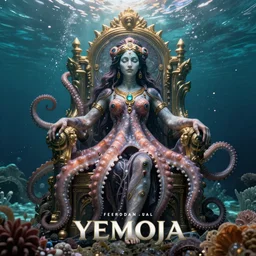 a detailed wide angle portrait of the goddes yemoja using symbiotic octopus technology on her underwater throne, unreal engine, fantasy art by greg rutkowski, loish, rhads, ferdinand knab, makoto shinkai and lois van baarle, ilya kuvshinov, rossdraws, tom bagshaw, global illumination, radiant light, detailed and intricate environment