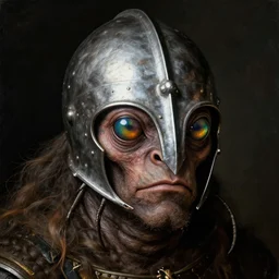 close up portrait of a mutant monster creature with facial features resembling a medieval steel helmet, iridescent beetle eyes and antennae. by jan van eyck, audubon