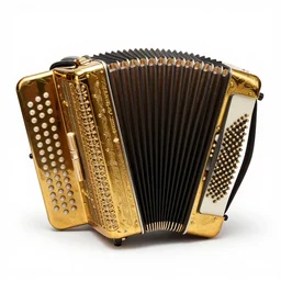 gilded accordion, professional product shot, isolated on a pure white background, centered, entire object in frame, sharp focus, soft studio lighting