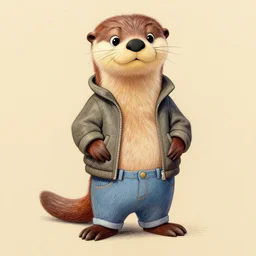 expressive stylized master furry artist digital colored pencil painting full body portrait character study of the otter ( sergal ) small head fursona animal person wearing clothes jacket and jeans by master furry artist blotch, sharp focus vintage disney animation style
