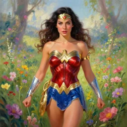 enchanting scene of Wonder Woman in a field of flowers, a fantasy digital painting by Greg Rutkowski and James Gurney, trending on Artstation, highly detailed