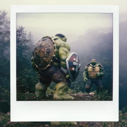a badass turtle fighter oversized hulked animal anthropomorphic with a shield made out of a turtle shell, on deep forest peak, sideview, backview, frontview, cinematic focus, polaroid photo, vintage, soft lights, foggy, by oleg oprisco, by thomas peschak, by discovery channel, by victor enrich, by gregory crewdson
