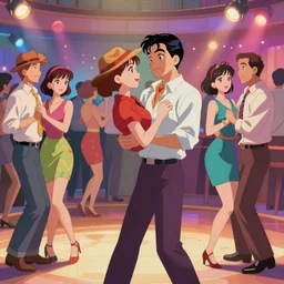 a group of businessmen at a 8 0 s dance party, cinematic lighting, very detailed, bright colors, anime, cel shading