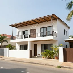 idyllic town house on a quiet street in lagos, tropical architecture with sun shading and pergolas, modernist african building, contemporary architecture, architectural photography, canon eos r 3, telephoto lens, sigma 5 0 0 mm f / 5, iso 2 0 0, 1 / 1 6 0 s, 8 k, raw, unedited, in - frame