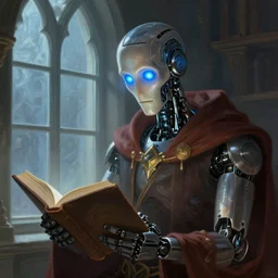 portrait of a robot wizard reading a book, window, glowing blue eyes, intellectual, sofisticated, fantasy, highly detailed, digital painting, artstation, concept art, character art, art by greg rutkowski and tyler jacobson and alphonse mucha