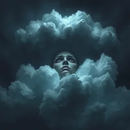a face in anguish coming out of the clouds, dark skies, ominous mood, breathtaking digital painting,