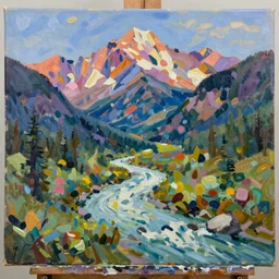 Realist colorful impasto painting of the Salmon River mountains by John Harris, 4k scan, oil on canvas,