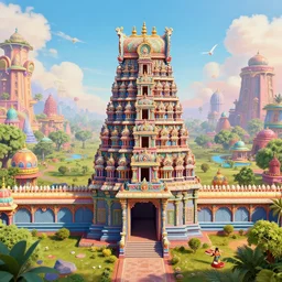 photo of a big colorful indian temple in a colorful fantasy landscape, unreal engine, 3 d render, insanely integrate