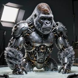 a beautiful intricate fine art portrait photo of a   a mechanical industrial steampunk cybernetic silverback gorilla, by tom bagshaw and zach sutton, perfection!, milk bath photography,  studio lighting, backlight, 35mm lens, very detailed, bionic, cybernetic scifi, deep depth of field, artstation, 8K, highly coherent