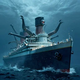 an underwater monsters with multiple arms attacking the Titanic during a storm