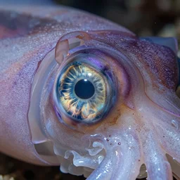 macro shot, close-up of a purple squid eye, intricate iris, ultrarealistic, highly detailed
