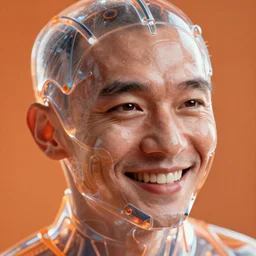 hyperrealistic close-up translucent exoskeleton!! smiling chinese man covered highly detailed concept art eric zener elson peter cinematic hard orange lighting high angle hd 8k sharp shallow depth of field