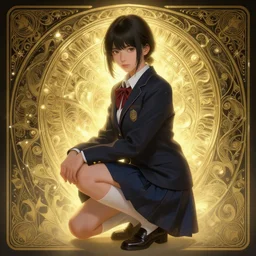 a digital concept art by artgerm and greg rutkowski and alphonse mucha. clear portrait of a squatting attractive school girl in uniform!!, light effect. hyper detailed, character concept, glowing lights!! intricate, elegant, digital painting, artstation, smooth, sharp focus