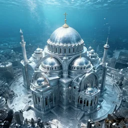 a beautiful digital illustration of a shining silver underwater city by beeple | viewed from above | Byzantine architecture | cinematic | unreal engine | octane | photorealistic |