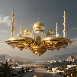mosque floating spaceship by zaha hadid, golds fantasy world