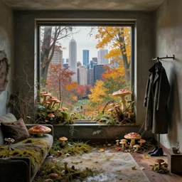 fantastical living room with chicago landscape in the window by marc adamus, beautiful dramatic lighting, overgrown with funghi, autumn season, coat rack with coat hanging off, style by peter deligdisch, peterdraws
