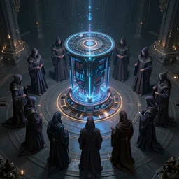 a quantum computer, a dark cabal of multiple hooded elven mystics in long robes gathered in a circular formation around a quantum computer, highly advanced technology, dan seagrave, michael whelan art, beautifully detailed epic scifi fantasy art, symmetrical, cgsociety, artstation
