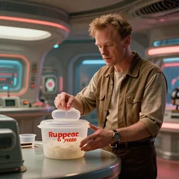 still image from a retro futurism themed buddy movie about man who sells tupperware, directed by christopher nolan, cinematic, widescreen, imax, retro futurism technology.