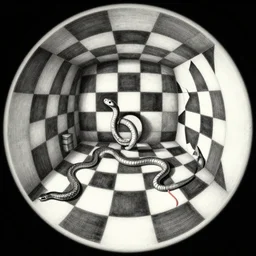 m. c. escher. composition : 3 6 0 fish eye lens. scenery : a checkered room. subject : a snake with long red tail.