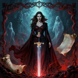kate beckinsale as vampire hunter, dark epic, red sea, magic sword, magic light, ghosts, acanthus scroll, ceremonial clouds, dripping paint, fibonacci rhythm, artstation, art germ, wlop, karol bak, christopher balaskas, ross tran