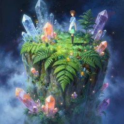 a beautifully ultradetailed painting of a mysterious fern green location on top of a universe on the side of a mountain filled with giant orange and purple crystals illuminated by pastel pink fireflies, icy blue mist, morning shot, alena aenami, raphael lacoste, makoto shinkai, 4 k, trending on artstation