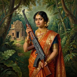 sri lankan woman holding an ak 4 7 in a jungle next to an anc 8 8 ient ruin, by camille corot, third - person, f / 2 2, kinemacolor, rim lights, insanely detailed and intricate, hypermaximalist, elegant, ornate, hyper realistic, super detailed
