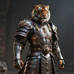 warrior with metal tiger armour , highly detailed, dramatic lighting, cinematic, 4k