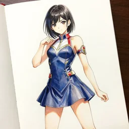 beautiful realistic aesthetic inspirational masterful professional ink pen and watercolor sketch of a japanese idol girl posing in minidress, marvel style, fine details, trending on artstation, high quality paper
