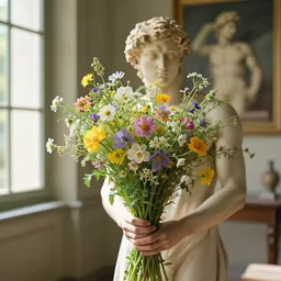 atmospheric beautiful bouquet of bright delicate wildflowers in the sunny room of his beloved wife, wrote renaissance michelangelo