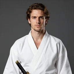 Ren is a man of average build. Light skin and wavy brown hair swept over his ears. Some light stubble on his face. He wears a white yukata and carries a katana. Craig Mullins. Portrait. featured on artstation